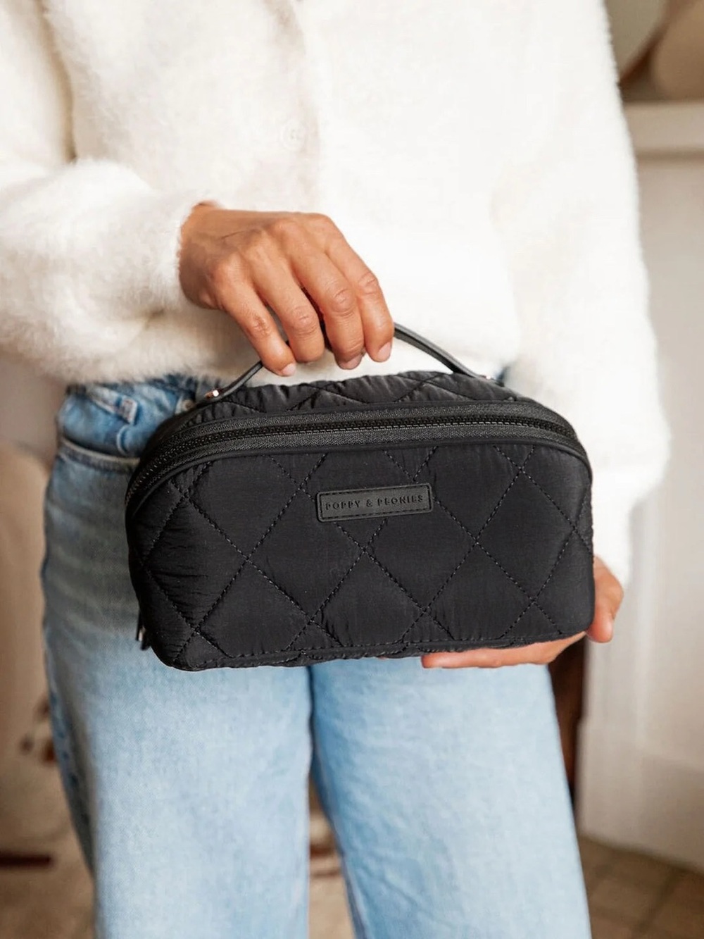 Poppy & Peonies Quilted Black Travel Open & Glow Cosmetic Bag
